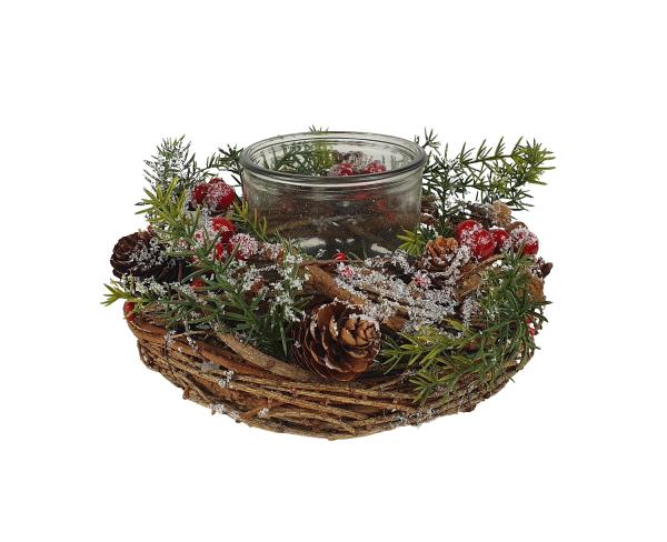 Weihnachtskranz mit Glas Windlicht und roten Beeren 22cm